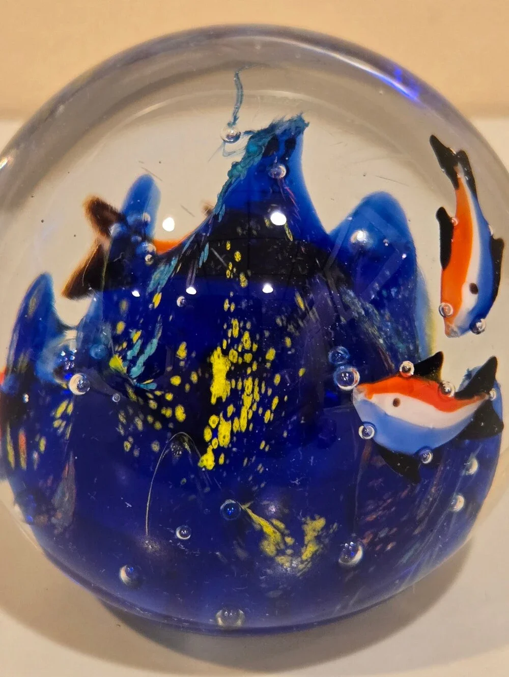 Glass Aquarium Fish Paperweight - Blue with Orange Fish